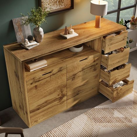 Credenza 150 x 40 x 90 cm effetto rovere, 2 ante, 4 cassetti, DESVIAE (1/5)