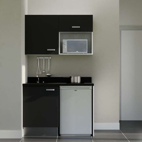 Kitchenette K07L - 120 cm - plan monobloc évier intégré Nero- évier à gauche - Façades Noir + Electroménager inclus coloris Inox (1/5)