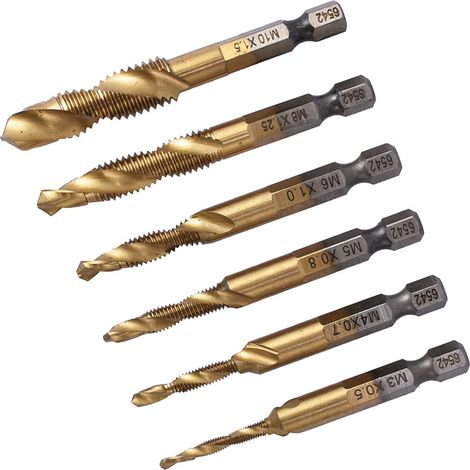 6-teiliges metrisches Kombinations-Gewindebohrer-Set, robuste Ausführung aus Titanbeschichtung, HSS-Gewindebohrer-Set M3 M4 M5 M6 M8 M10 (1/5)