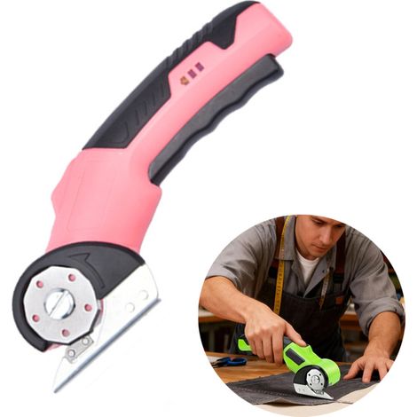 LOLLANDA Cutter électrique pour carton – Ciseaux sans fil 4 V – Cutter rotatif universel sur batterie – 2 lames – Pour papier, carton, moquette, cuir, feutre et plastique (Rose) (1/5)