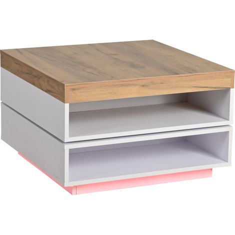 Mesa de centro cuadrada 65x65x40 cm de MDF blanca efecto madera con LED y tablero giratorio 360° (1/5)