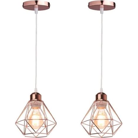 U-Do 2Pcs Lustre Suspension design Vintage Lampe Cage forme Diamant mini en Fer Or Rose E27 Plafonde Brillant pour Salon Cuisine (1/4)