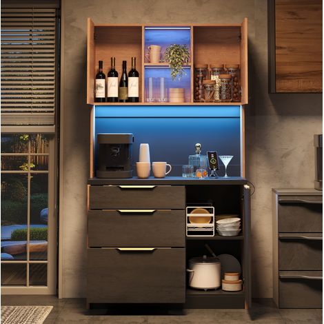 Aparador alto de cocina MDF color neutro 100x40x180 cm con encimera negra, LED regulable y enchufe europeo (1/5)
