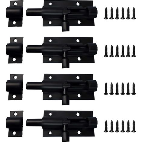 4 Pcs Verrou Targette, Noir Verrou de Porte en Acier Inoxydable, Verrou Loquet Interieure, Serrure de Porte de Garage, Verrouillage du Coulissant de Porte, Loquet Coulissant
