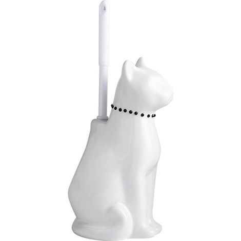 Ensemble brosse WC et support en céramique blanc/noir, motif félin fantaisiste avec rangement à large ouverture, brosse de toilette noire et support mignon pour sol de salle de bain, facile à nettoyer (1/5)