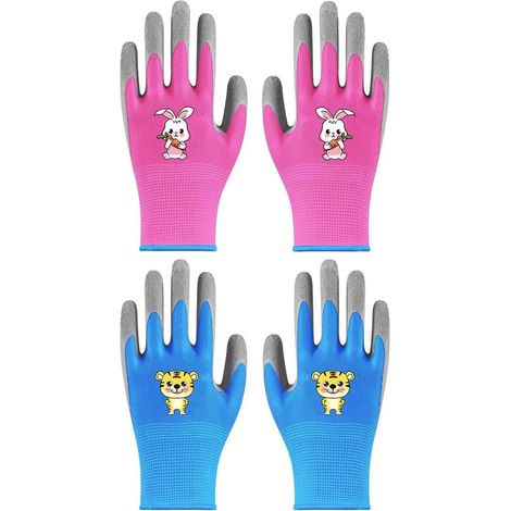 Deux paires de gants de jardinage en caoutchouc et de gants de travail pour enfants - protection multifonctionnelle pour hommes et femmes (rose et bleu) (1/5)