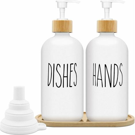 Distributeur de Savon Blanc Mat Set 500ml Distributeur de Savon en Verre avec Plateau Distributeur de Liquide Vaisselle Distributeur de Savon pour Cuisine et Douche (Blanc x 2)