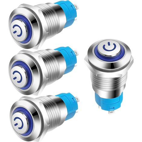 4pcs 12mm 3A 12-24V IP65 waterproof push button with LED indicator light, locking metal push button (head up)