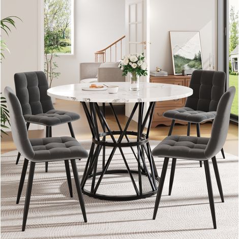 Ensemble table et chaises 5 pièces, table ronde 100 cm effet marbre, gris HAVRYA (1/5)
