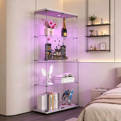 Vitrina de doble puerta con cuatro estantes de cristal, mueble independiente, diseño moderno, madera y cristal templado, color blanco, ideal para el salón o el dormitorio. (1/5)