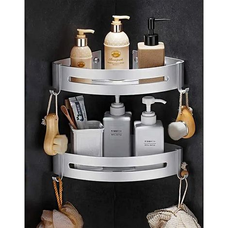 Lot de 2 paniers de douche d'angle (deux paniers à double compartiment, quatre pièces au total), étagère murale adhésive pour salle de bain, rangement de douche sans perçage, structure en aluminium po