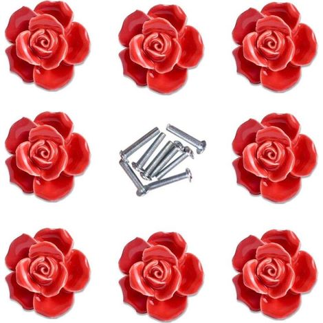 8pcs élégante rose rouge tire fleur boutons de meuble en céramique poignées de tiroir de placard (1/3)
