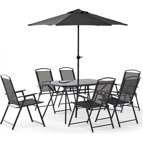 Oviala – Salon de jardin table 6 places avec parasol droit – Structure en acier – Plateau en verre trempé – Chaises pliantes en toile textilène