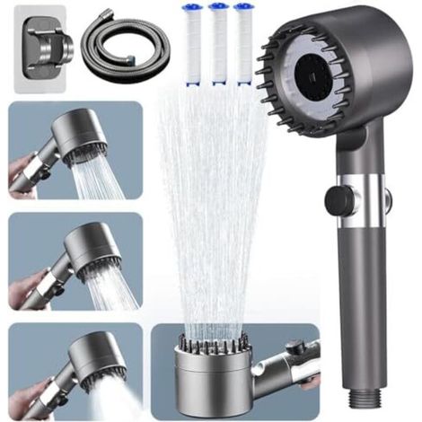 High-pressure shower head, anti-limescale shower head with 1.5m hose and shower holder, 4 spray patterns with water shut-off (1/4)