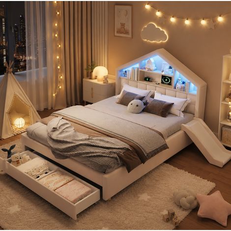 Lit enfant rembourré beige 140x200 cm avec toboggan, LED, prise de charge et tiroir (1/5)