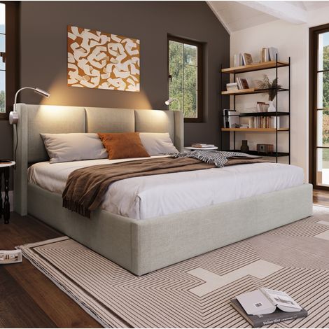 Lit coffre capitonné 160 x 200 cm beige en lin avec liseuse de chevet charge USB tête de lit et cadre en métal (1/5)