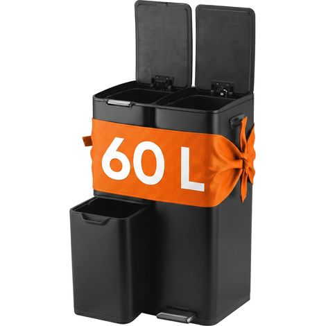Relaxdays Mülleimer, 3 Fächer, 60 l, entnehmbare Inneneimer, Softclose, Fußpedal, Edelstahl, Mülltrenner Küche, schwarz