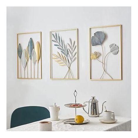 Lot de 3 décorations murales en métal doré minimaliste - Décoration murale - Feuille - Peinture décorative pour la maison, le salon, la chambre à coucher - Doré (1/5)