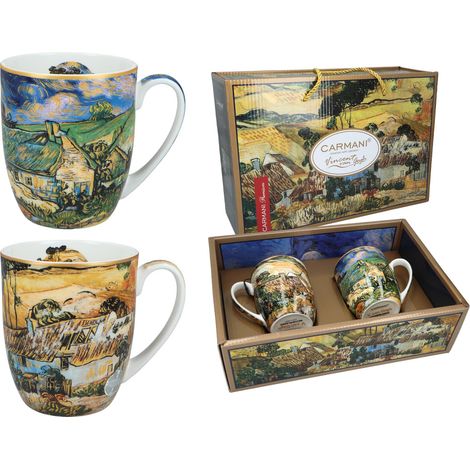 Juego de 2 tazas con motivos de casas de campo con techo de paja de Van Gogh, marca Carmani (set de regalo). (1/5)