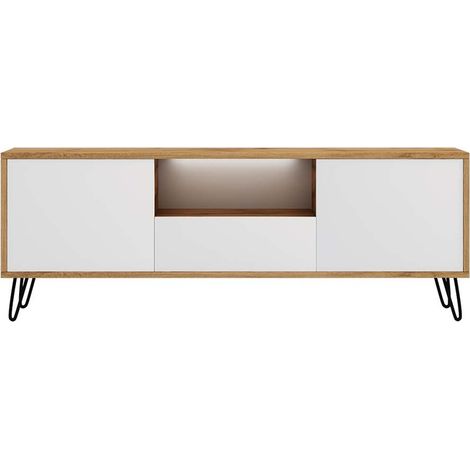 Selsey PLOYSTEA - Meuble TV - 137 cm - chêne wotan / blanc - avec LED - style moderne (1/5)