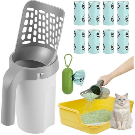 Pelle à litière pour chat avec support, pelle tout-en-un avec 1 distributeur portable et 120 sacs, grande capacité, pour voyage, chambre et salon