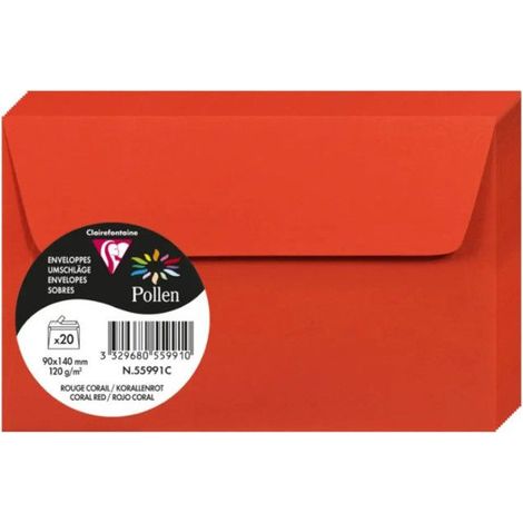 Enveloppes - Format rectangle - 90x140mm - Pollen - Rouge corail - 20 unités - Clairefontaine