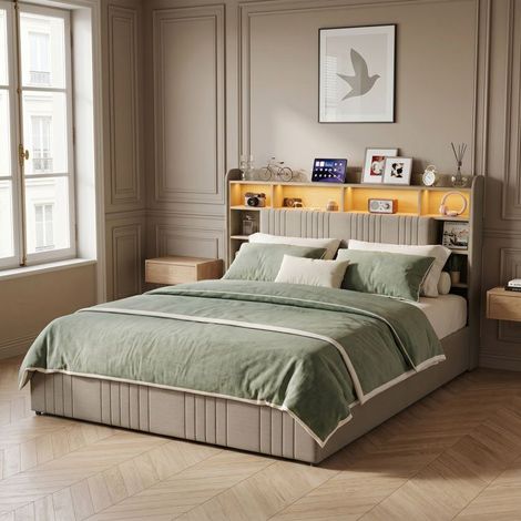 Letto 140×200 - Cornice in lino beige con rete a doghe - 4 cassetti di stoccaggio - LED integrata - Porte USB (1/5)
