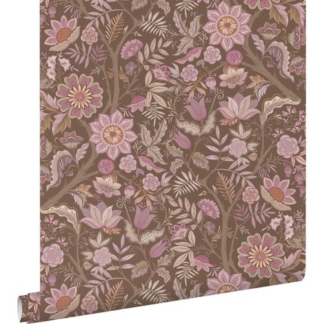 papier peint fleurs vintage mauve violet et vert grisé - ESTAhome (1/5)