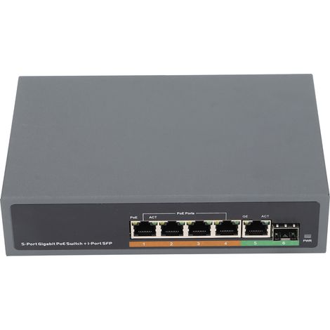 Commutateur PoE 5 ports Gigabit complet SFP, interface fibre optique IEEE 802.3af/at, alimentation 65 W, prise 100-240 V. (1/5)