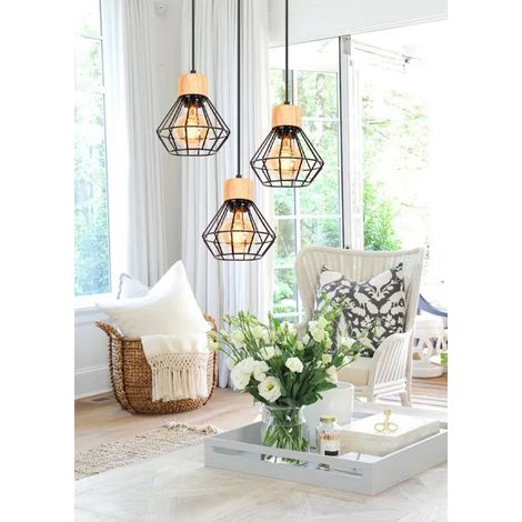 3lampes Lampe Suspension Vintage Lustre Industriel Ajustable E27 Luminaire Plafonnier en Bois Métal pour Salon Chambre (1/5)