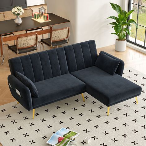 Ecksofa Samt Schwarz, multifunktional mit Schlaffunktion und verstellbaren Rückenlehnen, 191,5x130,5x80 cm