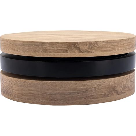 Tavolino girevole tondo con 1 nicchia in MDF Nero e Naturale chiaro - JANITA