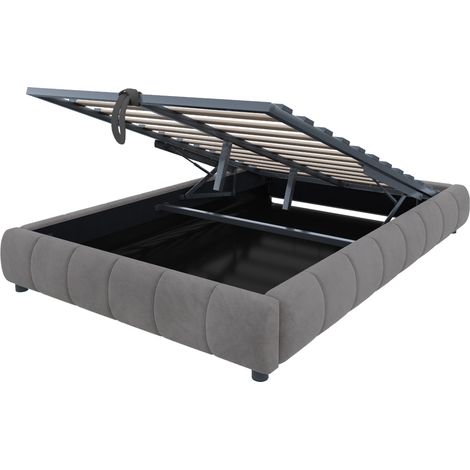 Cama tapizada 140 x 200 cm gris sin cabecero con LED, canapé abatible hidráulico (1/5)