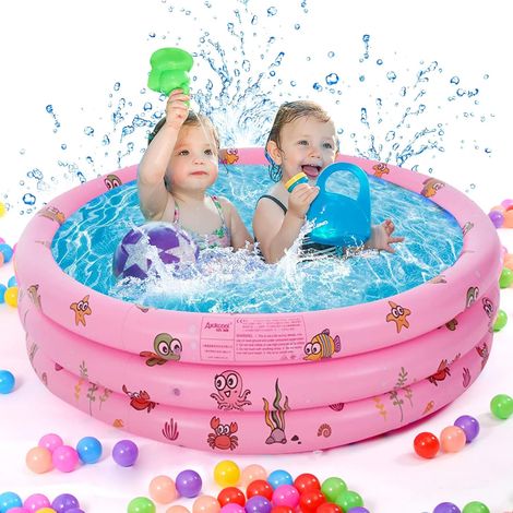 MINKUROW Piscina Gonfiabile per Bambini, Piscina Gonfiabile a 3 Anelli con Pavimento a Bolle, Piscina Rotonda 100x35 cm, Vasca Gonfiabile per Neonati e Bambini Piccoli (Rosa) (1/5)