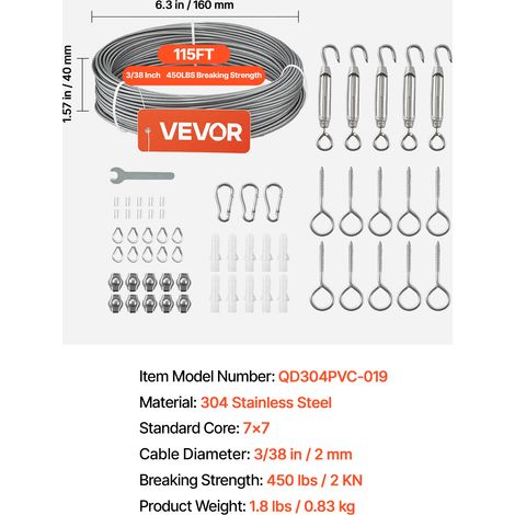 VEVOR 2 mm Wire Rope Kit, 35.1 m Length, 304 Stainless Steel Wire Cable, 2 kN Breaking Strength, 7 x 7 Strands Construction, Steel Cable for Deck Railing System, Garden Trellis, String Lights (1/4)