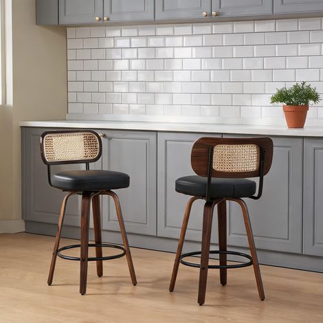 Tabourets de bar en bois et rotin noirs 2 pièces assise (1/5)
