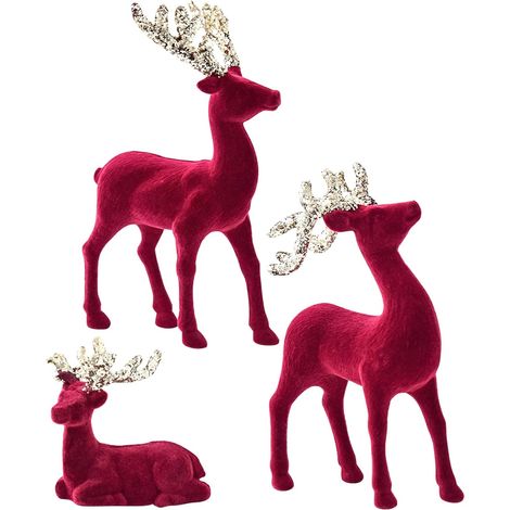 Décorations de Rennes Décoration De Noël Renne 3 Pièces Ornement à Flockage Rouge pour Maison Jardin Fête Cheminée Intérieur Porche Pelouse (1/5)