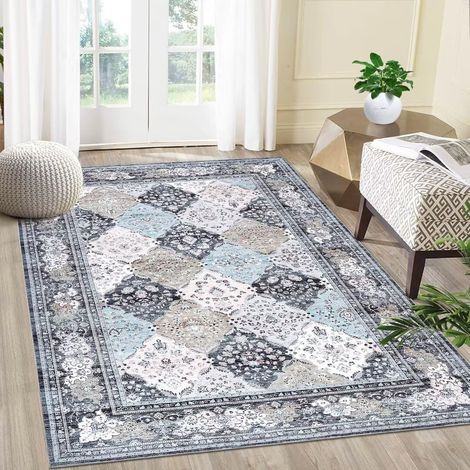 Tapis bohème Lavable pour Salon antidérapant Fin et imprimé Floral Effet Vieilli pour Chambre à Coucher, Cuisine, Bureau - Bleu 120 x 170 cm (1/5)