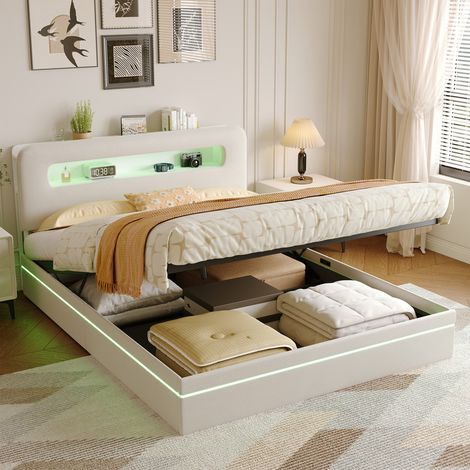 Lit coffre 160 x 200 cm, velours, lit double, lit tapissé avec éclairage LED RGB, lit adulte, gain de place, sommier à lattes, sans matelas, couleur beige (1/5)