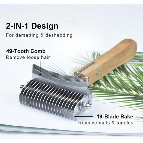 Brosse démêlante 2 en 1 pour chiens et chats, peigne démêlant et râteau à sous-poil pour chiens, démêle efficacement les poils morts et les nœuds, pour tous les animaux à poils longs (1/4)