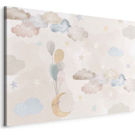 Imagen - Luna de cuento de hadas - Luna en tonos pastel con globos entre nubes coloridas y estrellas en colores suaves sobre un fondo claro/Cielo de cuento de hadas (1/3)