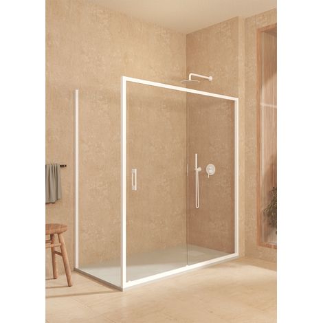 Mampara angular corredera + fijo + lateral fijo, con perfil inferior, Vidrio de seguridad 6mm antical, 105-109cm x Fijo 77,5-80cm H=195cm, Blanco (1/5)