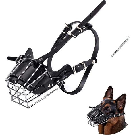 Hundemaulkorb aus Metall, atmungsaktives Mundstück, verstellbare Lederleine, geeignet für große und mittelgroße Hunde, Größe M (1/2)