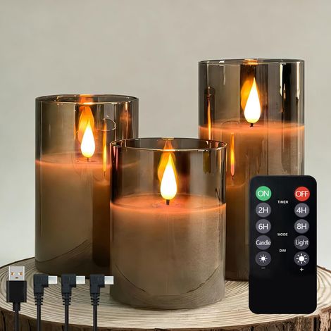 Bougies LED sans flamme - Lot de 3 - Cire véritable et verre gris - Rechargeables avec télécommande - Décoration salon et chambre - 10 cm (1/5)