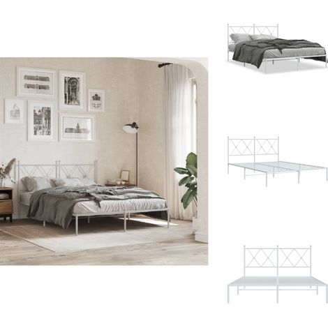 Cadre de lit métal sans matelas et tête de lit blanc 135x190 cm - Cadre De Lit - Lit Double - Lit Metal - Lit Blanc - Sommier (1/5)