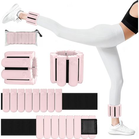 Poids pour Chevilles et Poignets Réglables 0.45kg/0.9kg - Set de 2 avec Surface en Silicone Doux et 6 Poids Amovibles - Pour Femmes et Hommes, Fitness, Yoga, Pilates, Jogging, Natation, Rose (1/5)