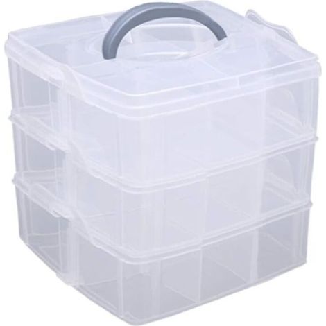 3-Tier Stackable Transparent Plastic Storage Box, Sorting Box with Handle, Maximum 18 Compartments (1/4)