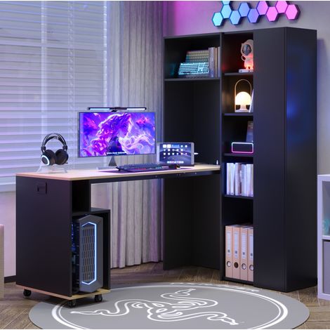 Scrivania pieghevole 2-in-1 con libreria, presa UE e porte USB, nero e rovere HAVRYA (1/5)