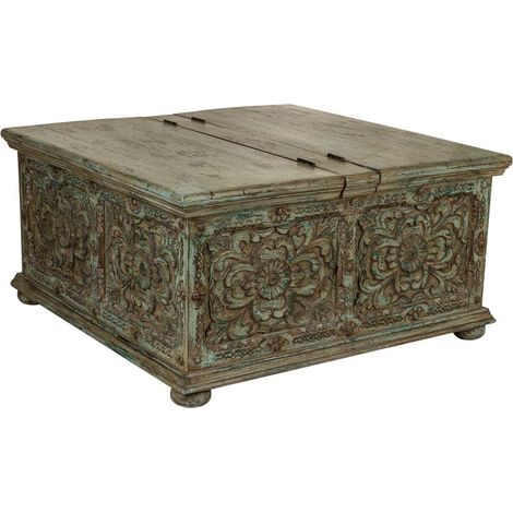 Mesa baul de centro de madera artesanal azul 100x100x47