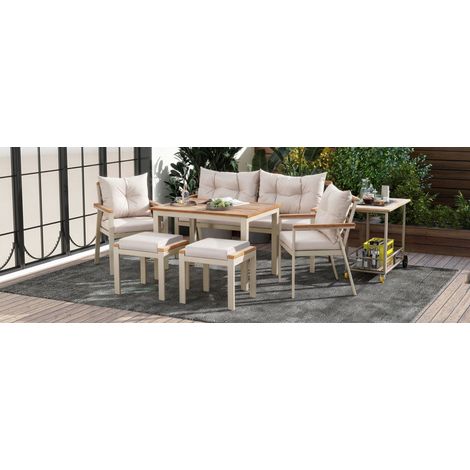 Ensemble repas acajou pour 6 à 7 personnes jardin, table et chaises avec desserte roulante et coussins lavables déhoussables (1/5)